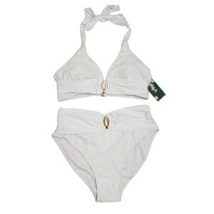 Two-Piece White High-Waisted Bikini Set Halter Tie Top  Back  Womens Size M